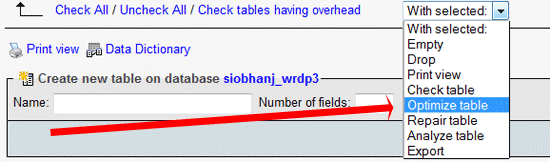 Dropdown menu showing optimize tables option
